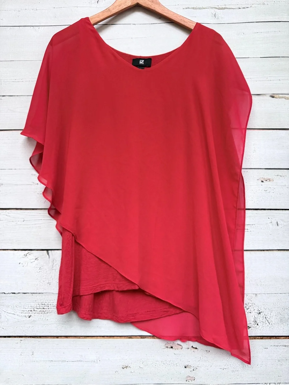 Iz Byer Coral-Red Layered Asymmetrical Chiffon Top - Picture 2 of 5